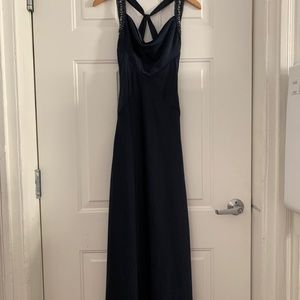 BCBG navy cowl neck maxi for prom or bridesmaid
